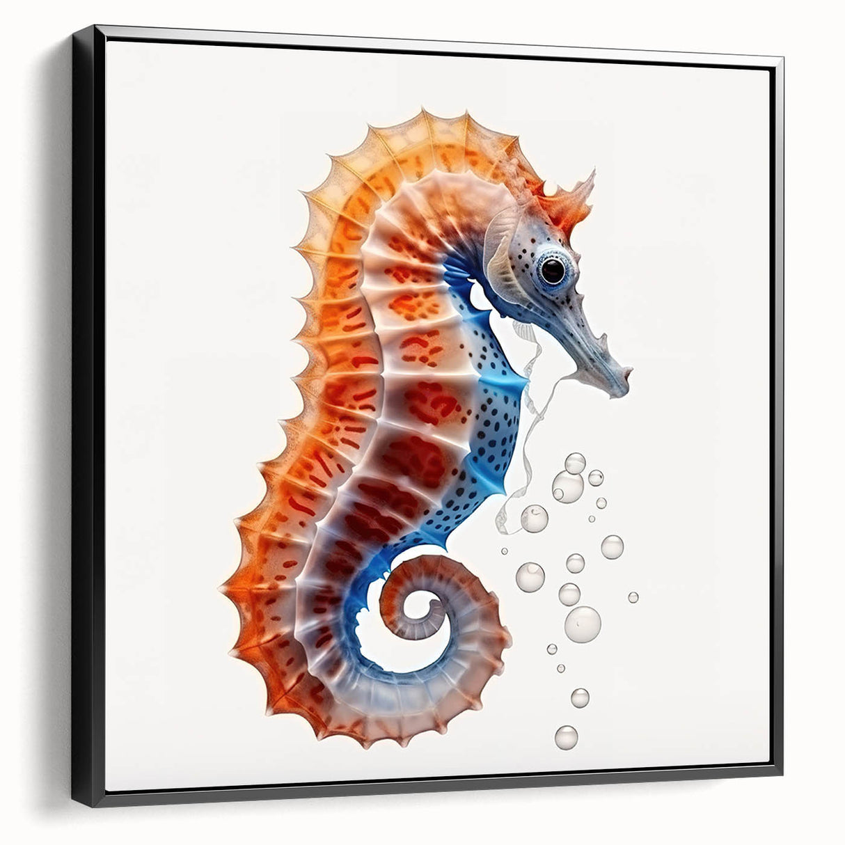 Framed wall art featuring a detailed seahorse design on a black canvas, showcasing intricate marine life elements and vibrant colors, ideal for ocean-themed decor.