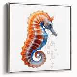 Framed wall art featuring a detailed seahorse design on a textured canvas, showcasing vibrant colors and a silver frame, ideal for marine life enthusiasts.