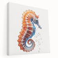Stretched canvas wall art showcasing a vibrant marine life design featuring a detailed seahorse in shades of blue and green, perfect for ocean-themed decor.