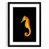 Framed wall art featuring an intricate marine life design of a seahorse, presented in a sleek black frame with a mat, perfect for ocean-themed decor.