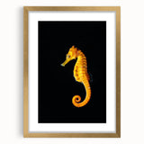 Elegant wall art featuring a gold-framed seahorse design, showcasing intricate marine life details and vibrant colors, perfect for ocean-themed home decor.