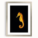 Seahorse-themed wall art print in a silver frame, showcasing vibrant marine life design, ideal for coastal decor enthusiasts seeking unique oceanic aesthetics.