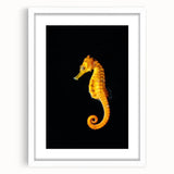 Framed wall art featuring a vibrant marine life seahorse design, set against a white mat, showcasing intricate details and colorful ocean themes, ideal for coastal decor.
