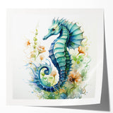Colorful marine life wall art featuring a detailed seahorse design, perfect for ocean-themed decor. Printed on glossy canvas, showcasing vibrant hues and intricate details.