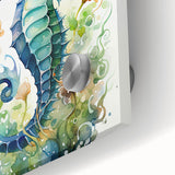 Close-up of a vibrant seahorse wall art piece, showcasing intricate marine life designs on acrylic glass, perfect for adding a coastal touch to home decor.