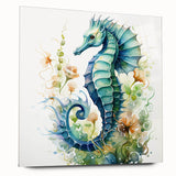 Vibrant marine life wall art featuring a detailed seahorse design, elegantly framed in acrylic glass, showcasing vivid colors and intricate patterns. Perfect for ocean-themed decor.