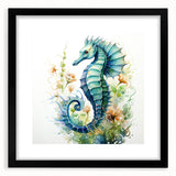Framed marine life wall art featuring a detailed seahorse design in vibrant colors, presented in a sleek black frame with a white mat, perfect for ocean-themed decor.