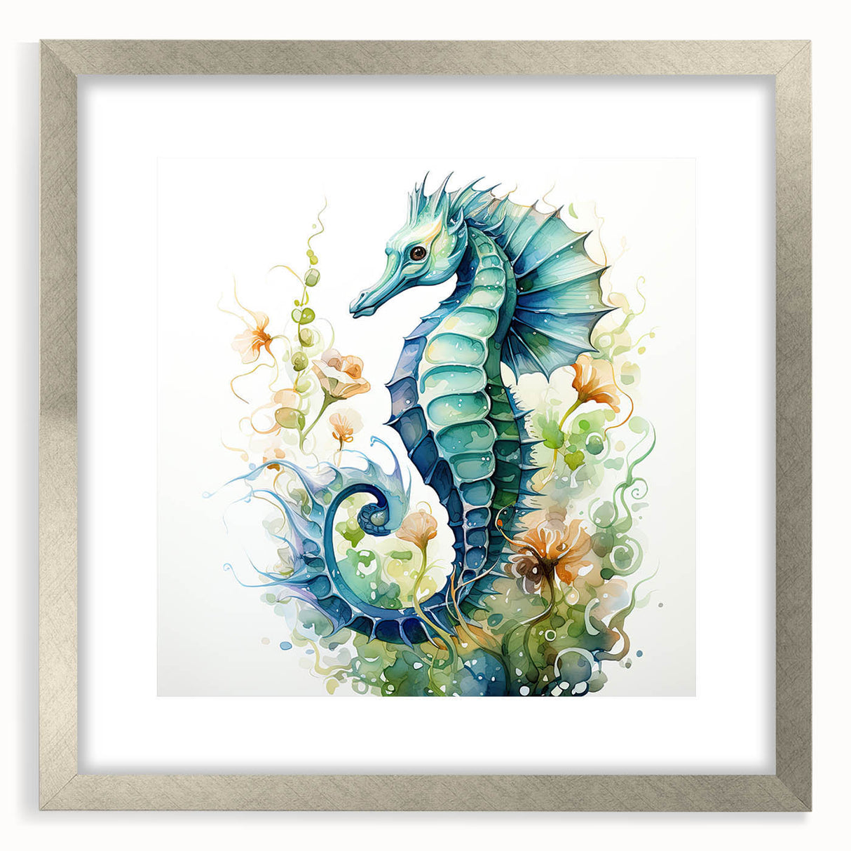 Framed wall art featuring an intricate seahorse design in a silver frame, showcasing vibrant marine life colors and textures, perfect for coastal decor enthusiasts.