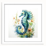 Framed wall art featuring a stunning seahorse design in vibrant colors, set against a white mat, perfect for marine life enthusiasts and home decor lovers.