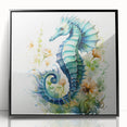 Framed black acrylic wall art featuring a detailed seahorse design, showcasing vibrant marine life colors and intricate patterns, perfect for ocean-themed decor.