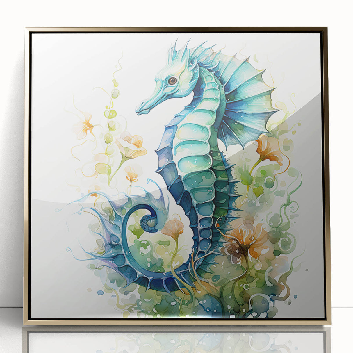 Framed wall art showcasing a vibrant seahorse design in shades of blue and gold, capturing marine life beauty, perfect for ocean-themed decor.