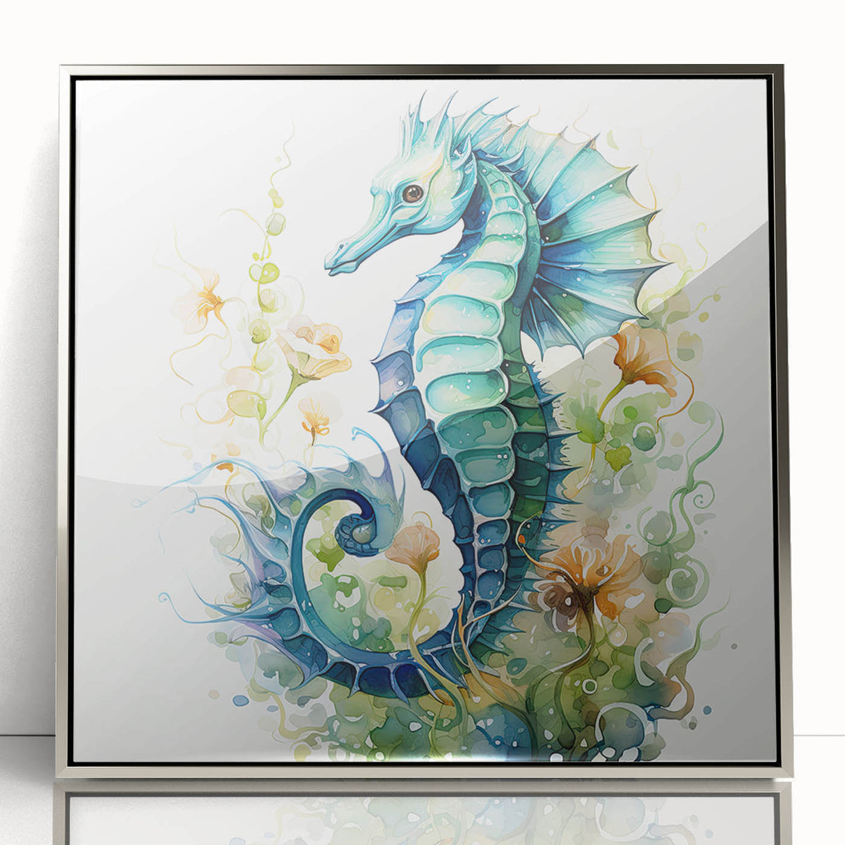 Framed wall art showcasing a vibrant seahorse design in a marine life theme, featuring a silver acrylic frame that enhances its coastal appeal. Perfect for ocean lovers.
