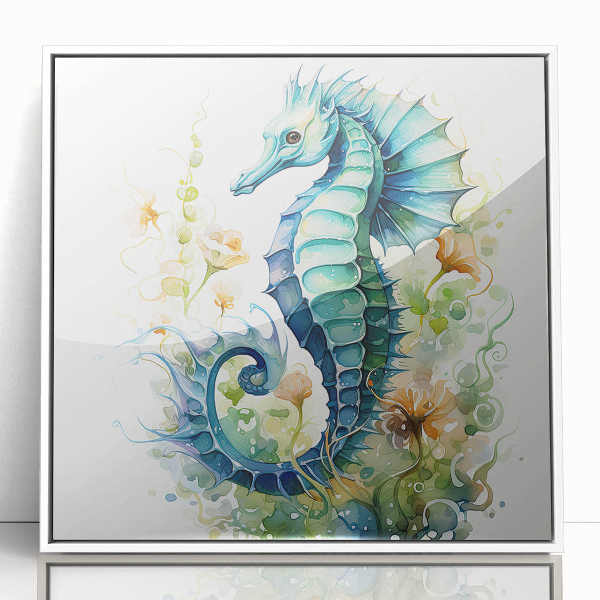 Framed wall art featuring a vibrant seahorse design in an artistic marine life collection, showcased in a sleek white frame with acrylic front for a modern touch.