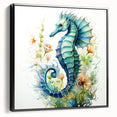 Framed wall art featuring a detailed marine life design of a seahorse on a black background, showcasing vibrant colors and intricate textures, ideal for ocean-themed decor.
