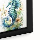 Close-up of a framed seahorse wall art design showcasing vibrant marine life colors and intricate details, perfect for ocean-themed home decor.