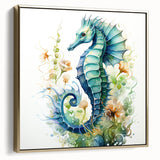 Framed wall art showcasing an elegant seahorse design in gold tones, set against a textured background, ideal for marine-themed decor. Perfect for enhancing home aesthetics.