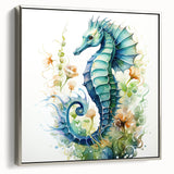 Framed wall art showcasing a detailed marine life seahorse design on canvas, featuring a silver frame that adds elegance to aquatic-themed decor. Perfect for ocean lovers.