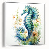 Framed canvas wall art featuring a vibrant seahorse design, showcasing intricate marine life details in bright colors, presented in a sleek white frame.
