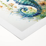 Vibrant rolled canvas artwork showcasing a detailed seahorse design, perfect for marine life enthusiasts, elegantly displayed in a protective cardboard tube.
