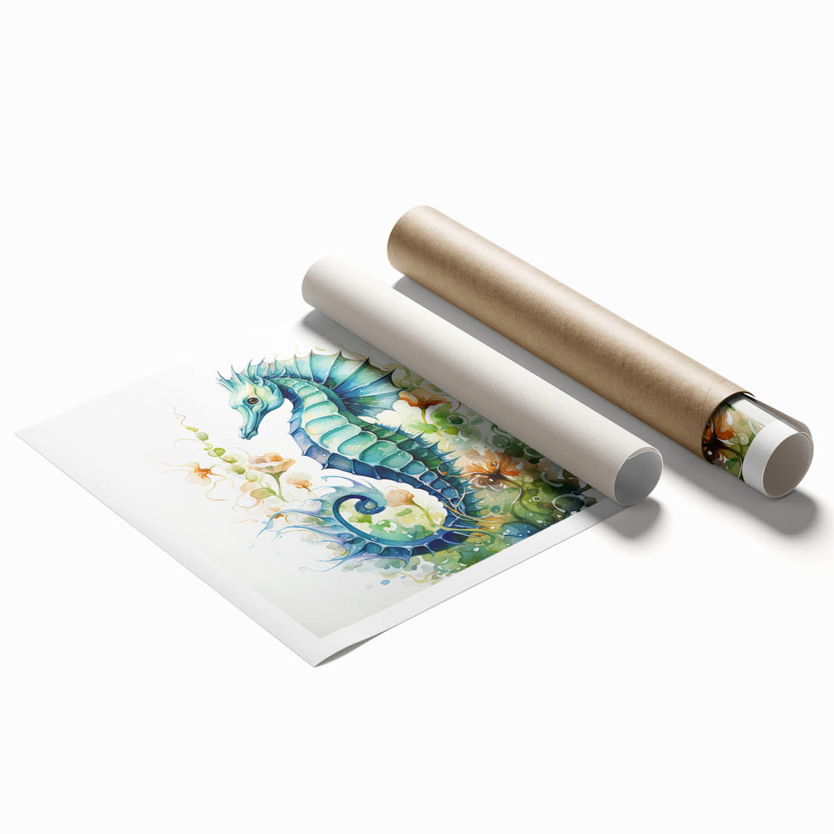 Vibrant seahorse wall art print featuring intricate marine life details in a colorful design, perfect for ocean-themed decor and art enthusiasts.