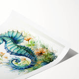 Vibrant seahorse wall art print showcasing intricate marine life design with vivid colors, rolled for easy framing and display in coastal-themed decor.
