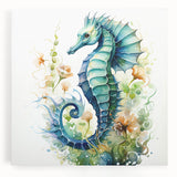 Vibrant seahorse wall art design on stretched canvas showcasing intricate marine life details, perfect for ocean-themed decor in living spaces.