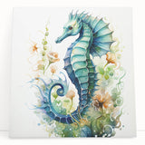 Stretched canvas wall art featuring a vibrant seahorse design, showcasing intricate details in shades of blue and green, perfect for marine life enthusiasts.