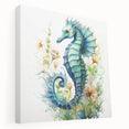 Vibrant seahorse design on stretched canvas wall art showcasing intricate marine life details, perfect for ocean-themed decor in living spaces or nurseries.