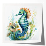 Colorful seahorse wall art print displayed in a glossy finish, featuring intricate marine life designs ideal for ocean-themed decor, enhancing any room's aesthetic.