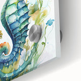Close-up of a colorful seahorse wall art design printed on acrylic glass, showcasing intricate marine life details and vibrant hues, ideal for ocean-themed decor.