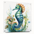 Side view of a marine life-themed seahorse wall art piece, featuring vibrant colors and intricate details, displayed in an acrylic glass frame with pins for stability. Ideal for ocean lovers and modern decor enthusiasts.