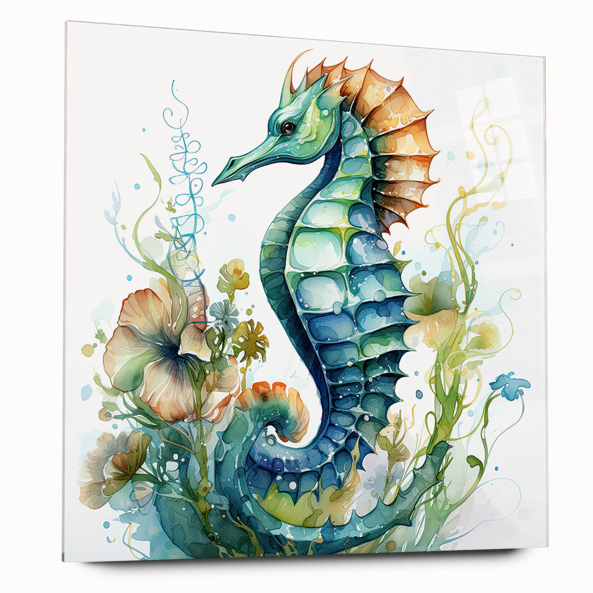 Elegant acrylic wall art showcasing a vibrant marine life seahorse design in rich colors, displayed in a side view, perfect for ocean-themed decor and art lovers.