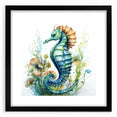 Framed wall art showcasing a detailed seahorse design in vibrant colors, set against a black mat, perfect for marine life enthusiasts and coastal decor.