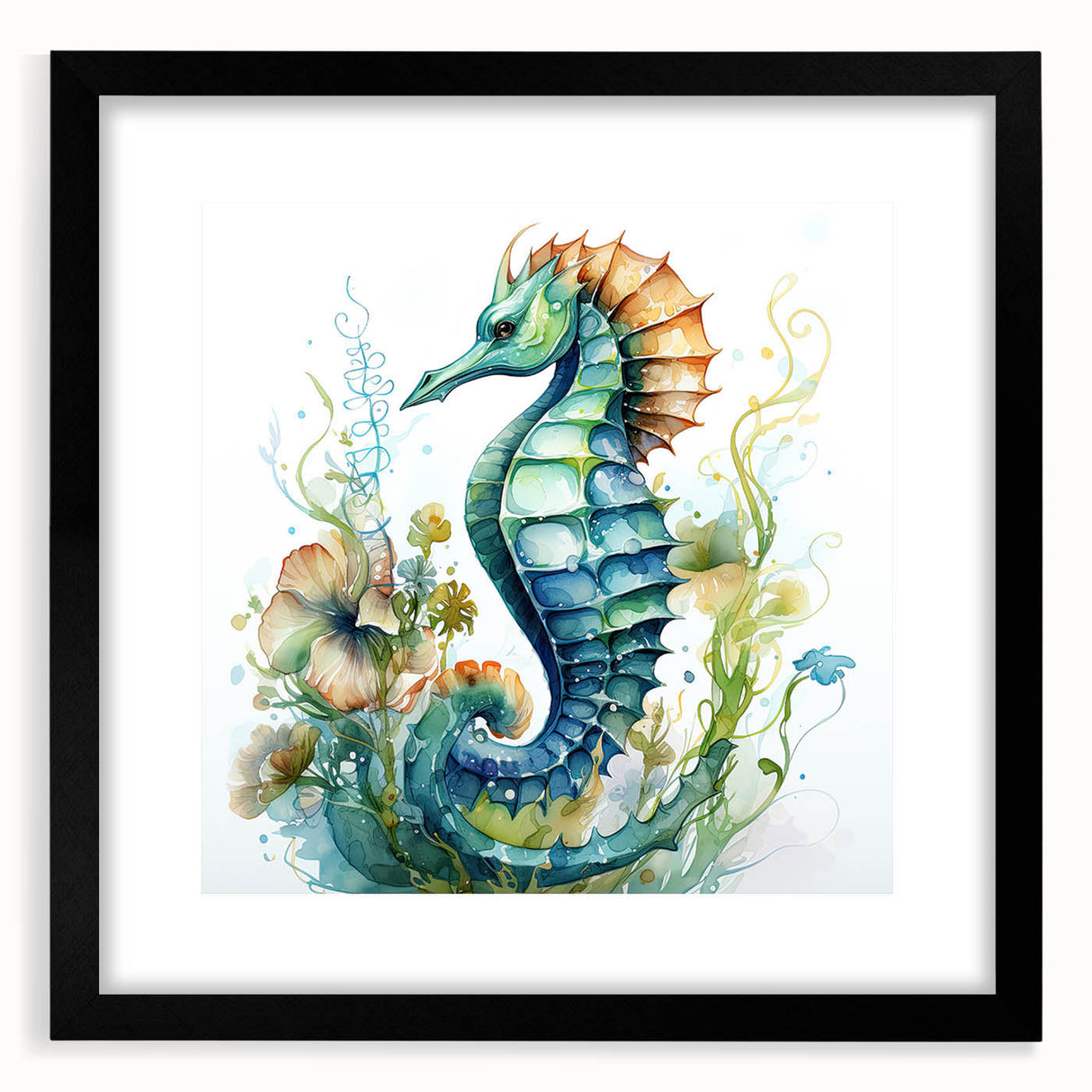 Framed wall art showcasing a detailed seahorse design in vibrant colors, set against a black mat, perfect for marine life enthusiasts and coastal decor.