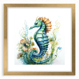 Seahorse-themed wall art design in a gold frame with matting, showcasing intricate marine life details against a vibrant background, perfect for ocean lovers.