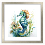 Framed wall art featuring a silver-matted seahorse design, showcasing intricate marine life details that add elegance to coastal-themed decor. Perfect for enhancing ocean-inspired interiors.