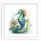 Framed wall art featuring a stunning marine life seahorse design, displayed in a sleek white frame with a mat, ideal for coastal-themed decor and ocean enthusiasts.