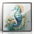 Framed wall art featuring a vibrant marine life seahorse design with intricate details on a black background, perfect for ocean-themed decor in living spaces.