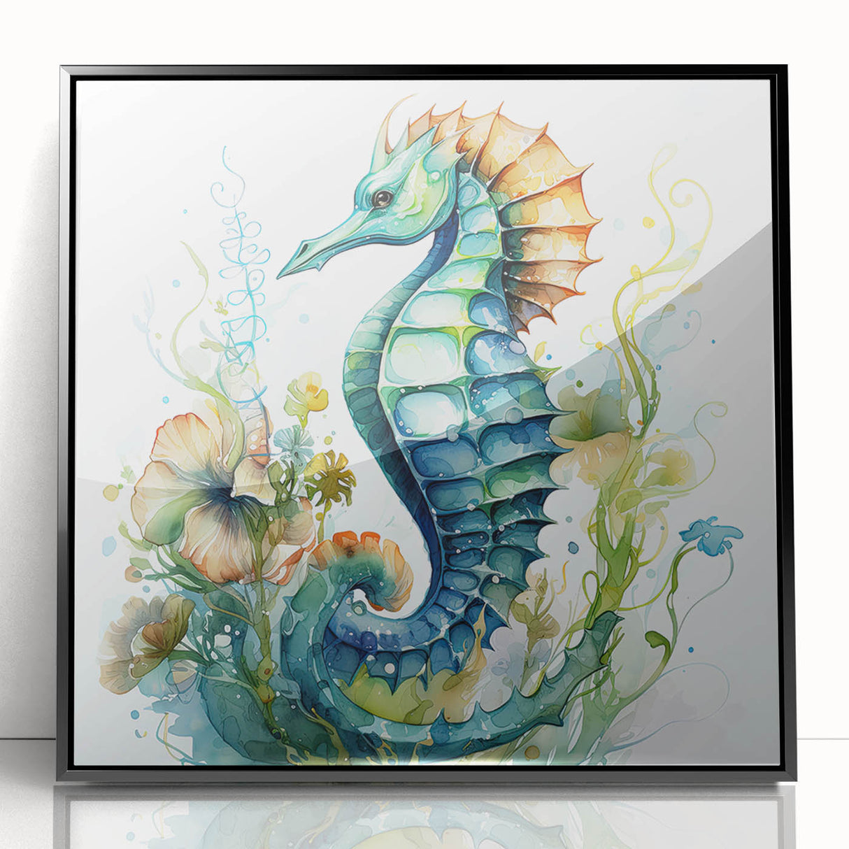 Framed wall art featuring a vibrant marine life seahorse design with intricate details on a black background, perfect for ocean-themed decor in living spaces.