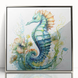 Framed wall art featuring a vibrant seahorse design in an acrylic finish, with a sleek silver frame, perfect for marine-themed decor and home styling.