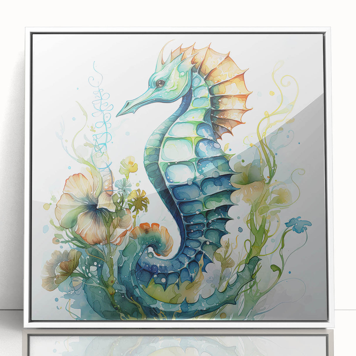 Framed wall art showcasing a vibrant marine life design featuring a detailed seahorse illustration, set in a sleek white frame, perfect for ocean-themed decor.