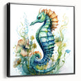Framed wall art featuring a detailed seahorse design on a textured canvas, showcased against a black backdrop, ideal for marine life decor enthusiasts.