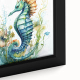 Close-up of a framed canvas wall art piece featuring a vibrant marine life seahorse design, showcasing intricate details and colors, perfect for ocean-themed decor.