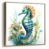 Framed canvas wall art featuring a detailed gold and blue seahorse design, showcasing intricate marine life patterns, perfect for ocean-themed decor.