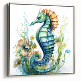Framed canvas wall art featuring a detailed silver-seahorse design, showcasing intricate marine life elements, perfect for coastal-themed home decor.