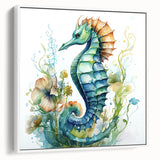 Framed wall art featuring a vibrant marine life seahorse design on a white background, showcasing intricate details and colors, perfect for ocean-themed decor.