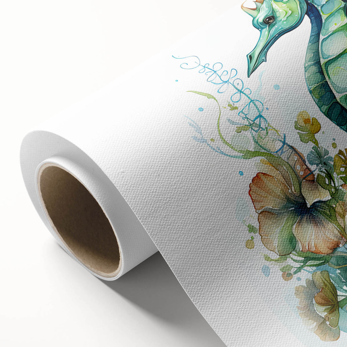 Colorful rolled canvas wall art featuring a detailed seahorse design, showcasing vibrant marine life elements, perfect for coastal-themed decor and ocean enthusiasts.