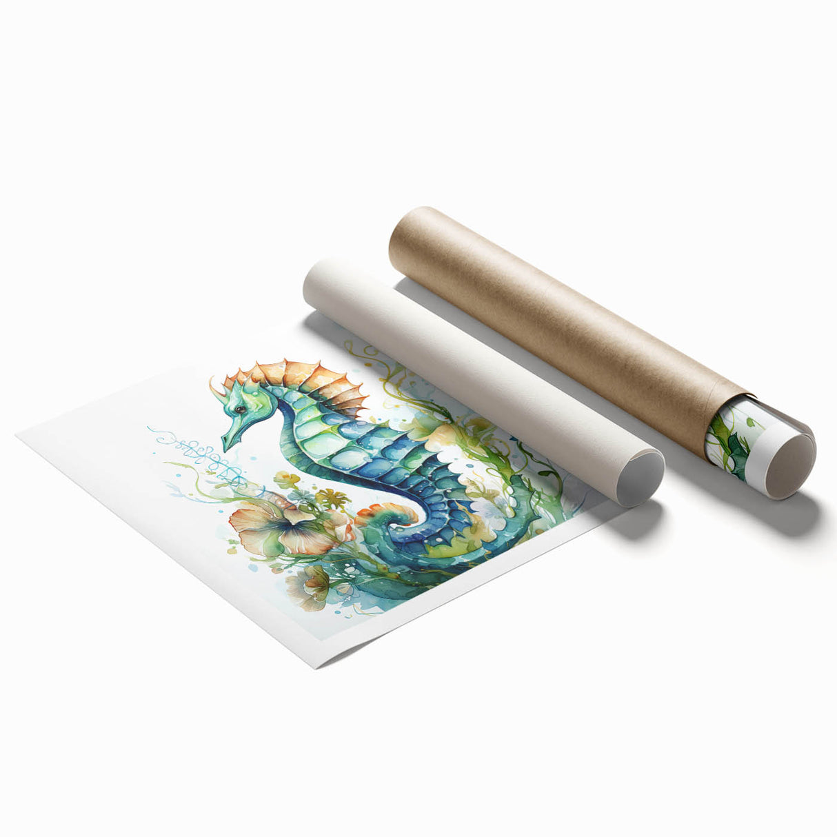 Intricate seahorse wall art design showcasing vibrant marine colors on a rolled print, ideal for ocean-themed decor. Perfect for enhancing coastal interiors.