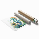 Intricate seahorse wall art design showcasing vibrant marine colors on a rolled print, ideal for ocean-themed decor. Perfect for enhancing coastal interiors.