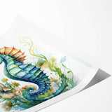 Colorful marine life wall art featuring a vibrant seahorse design, printed on high-quality paper, ideal for coastal-themed home decor. Perfect for adding a touch of oceanic charm to any space.